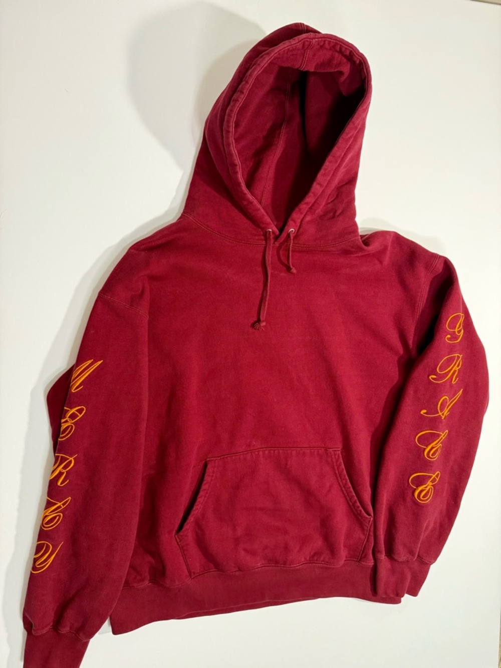 Supreme Red Hoodie with Yellow Script on Sleeves